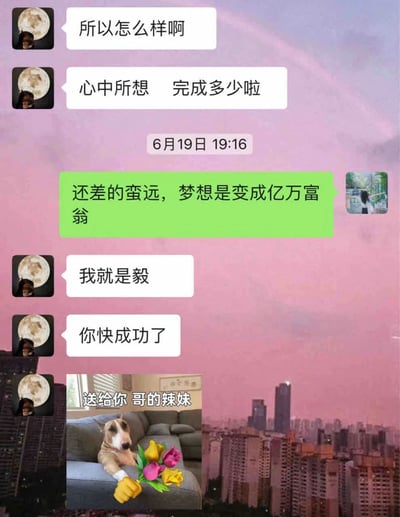 这是一张6月19日的微信聊天记录截图，背景为粉紫色天空下的城市景观。对话里，月亮头像的一方先询问对方心中目标的完成进度，我方（背影头像）回复自己的梦想是成为亿万富翁，目前还差得很远。随后月亮头像的人利用谐音梗“我就是毅（亿）”，调侃对方已经拥有“亿”，即将实现梦想，最后还发送了一张带有文字“送给你 哥的辣妹”的牛头梗趣味表情包，整体对话充满朋友间的轻松调侃与趣味互动。