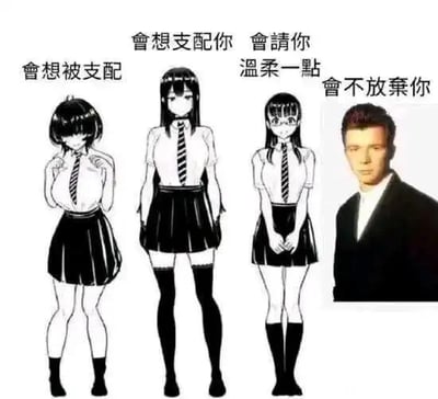 这是一张拼贴式梗图，画面由三位二次元校服女生和真人Rick Astley的半身像拼接而成，分别对应四种恋爱相处模式：左一女生配文“会想被支配”，姿态拘谨羞涩；中间女生配文“会想支配你”，站姿挺拔随性；右二女生配文“会请你温柔一点”，姿态腼腆；最右侧的Rick Astley配文“会不放弃你”，玩了Rickroll梗，对应他的歌曲《Never Gonna Give You Up》的歌词，用“永不放弃”的歌词来对应这个恋爱特质，是典型的玩梗创作。