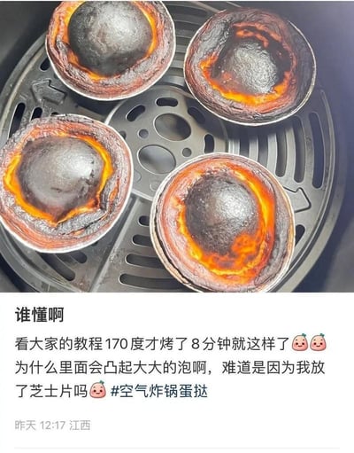 这是一条生活类社交平台的用户分享内容，上方实拍图展示了空气炸锅内四个完全烤焦的蛋挞，蛋挞表面漆黑，边缘还有未完全烤黑的焦黄色，中间凸起了大大的气泡；下方是用户的吐槽文字，配着委屈的emoji，说跟着教程用170度烤了8分钟就变成这样，疑惑蛋挞中间的大泡是不是因为加了芝士片。
关于问题解答：蛋挞烤焦大概率是因为空气炸锅的实际温度高于标注的170度，不同品牌空气炸锅存在温差；而中间凸起大泡，主要是因为添加的芝士片在高温下受热膨胀，加上蛋挞液中的成分在快速受热时发酵膨胀，同时烤制过程中内部受热不均，就形成了大泡，再加上温度或时间把控不当，导致表面迅速烤焦。