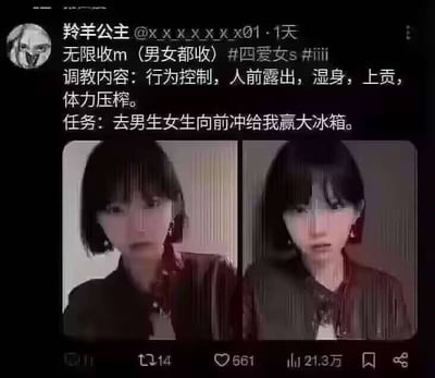 这是一个社交平台的热门梗截图，内容是一位自称“玲羊公主”的博主公开征收“m”，并列出“调教内容”，最后的“任务”出人意料地变成了“冲去给我赢大冰箱”，形成强烈反差带来荒诞感，属于近年来的‘冰箱梗’。整体语言戏谑幽默，内容也有一定玩梗和恶搞意味。