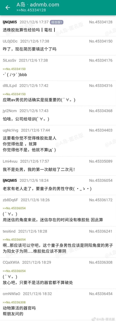 这是A岛匿名版综合版的一则讨论串截图，楼主最初以“透橡胶批算性经验吗”发起提问，楼内网友先以简历填写、AV男优招聘等方向进行趣味调侃，之后楼主补充说明提问的原因是老家有老人去世，民俗要求童子身男性守夜，因此询问该行为是否会影响童子身的判定。后续网友从迷信起源、阴阳理论、器官属性等角度给出不同的判定观点，还有网友引申询问与动物相关的类似情况，整体围绕民俗中的童子身定义与现代行为的冲突展开，充满网络社区的轻松调侃氛围。