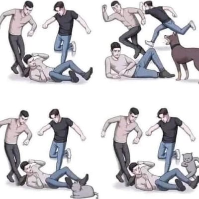 这是一组连环卡通图，展示了两个男性角色（分别穿着浅色上衣黑裤子和黑色上衣蓝裤子）在不同场景下的互动与摔倒过程。画面分为多个 panels：起初两人似乎在正常跑动或互动，随后在不同情境下其中一人摔倒在地。具体场景包括：被狗追赶导致摔倒、与猪接触时摔倒、以及在猫出现时摔倒。整体风格幽默滑稽，通过重复的摔倒动作和动物元素制造喜剧效果。