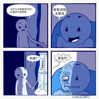 这是OKBLUE COMICS创作的四格搞笑漫画，第一格中，一位站立的卡通角色疑惑地询问坐着的角色为何不拉开窗帘，提及外面天气很好；第二格中，坐着的角色笑着表示自己害怕太阳光；第三格中，站立的角色拉开窗帘，窗帘发出“TWANG!”的声响，阳光照进房间；第四格中，被阳光照到的半边脸瞬间变得苍老褶皱，坐着的角色惊恐大喊这是诅咒，通过荒诞的反转设定制造出搞笑的喜剧效果。