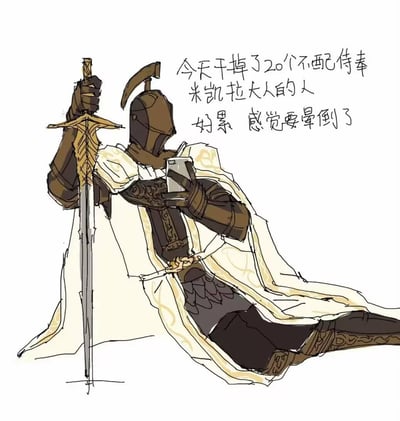 这是一张《艾尔登法环》的二创梗图，图中侍奉米凯拉的圣树骑士刚完成“干掉20个不配侍奉米凯拉大人的人”的任务，累得瘫坐在地，一手拄着骑士剑，一手拿着类似手机的物品，配文吐槽“好累 感觉要晕倒了”。将游戏里忠心耿耿的圣树骑士塑造成辛苦劳作的“打工人”，用骑士的高强度战斗对应打工人的繁重工作，形成反差感，精准戳中打工人的疲惫共鸣点。
