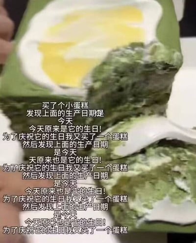 整张图的背景是拍摄者手持盛放着绿色奶油蛋糕的餐盘，蛋糕看起来为抹茶口味，背景还能看到蛋糕包装上的黄色图案。图上叠加了白色的循环文字，内容用非常荒诞的逻辑形成了无限循环：购买小蛋糕后发现生产日期是当天，便自行认定当天是这个蛋糕的生日，为了给蛋糕庆生又购买了新的蛋糕，结果新蛋糕的生产日期也是当天，便继续重复买蛋糕庆生的行为，本质是调侃吃货为了多吃蛋糕找可爱借口的行为，笑点十足。