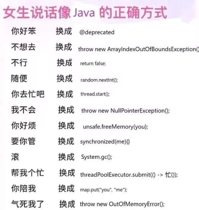 这是一张面向程序员群体的趣味图文梗图，整体为白色背景搭配黑紫色文字，顶部是标题“女生说话像Java的正确方式”，下方罗列了12组女生日常常用的口语表达，以及对应的Java编程语言相关代码替换方案，将日常表达的语义和Java代码的功能做趣味对应，比如将吐槽对方笨的“你好笨”对应Java中标记过时的注解@deprecated，拒绝请求的“不行”对应返回布尔值false的语句return false;，表达生气的“气死我了”对应抛出内存溢出错误的throw new OutOfMemoryError();，用程序员熟悉的技术概念玩梗，制造反差幽默感。