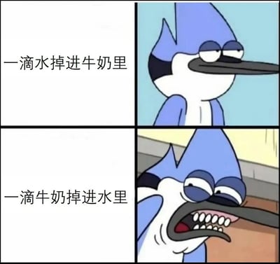 四格漫画形式的梗图，左上格文字“一滴水掉进牛奶里”，右上格是蓝鸟Mordecai眯眼歪头的冷漠表情；左下格文字“一滴牛奶掉进水里面”，右下格是同一只鸟瞪眼咧嘴的愤怒表情。通过对比两种相似情境下的极端反应，形成幽默反差，暗示双标现象。