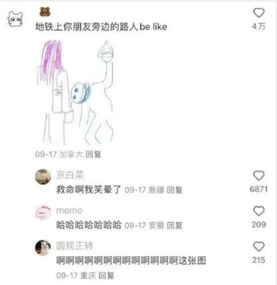 这是一张社交媒体截图，内容是用户发布的搞笑手绘线稿搭配文字，标题为“地铁上你朋友旁边的路人be like”。手绘线稿里有两个人物，一个是粉色头发的人，旁边的路人戴着口罩，身体大幅度侧转，一只手抓着扶手，动作生动表现出在地铁上，当身边的朋友造型比较有个性时，路人会产生的尴尬、刻意回避的社恐状态。下方是三条网友评论，分别是“救命啊我笑晕了”“哈哈哈哈哈哈哈”“啊啊啊啊啊啊啊啊啊啊啊这张图”，评论者来自新疆、安徽、重庆，都表达了对这个内容的共鸣和觉得好笑的情绪，其中第一条评论获得了6871个点赞，是点赞最高的评论。发布者信息显示来自加拿大，发布日期为9月17日，帖子整体获得了4万点赞。