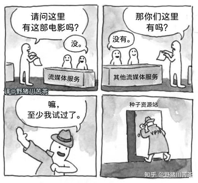 这是一幅四格黑白卡通漫画，用讽刺幽默的手法描绘了用户获取影视资源的真实写照：第一格，用户手持影片相关资料，向“流媒体服务”柜台工作人员询问是否有某部电影，得到“没”的答复；第二格，用户转而向“其他流媒体服务”的工作人员提出同样的问题，依旧得到“没有”的回应；第三格，用户戴着帽子，摊手一脸轻松地说道“嘛，至少我试过了”，看似要放弃寻找；第四格出现反转，用户穿着印有“VPN”字样的外套，鬼鬼祟祟地进入“种子资源站”。漫画精准调侃了现实中因正规流媒体平台资源覆盖不全，很多人嘴上声称尝试过正规渠道，最终却转向盗版种子资源站获取影片的普遍现象，充满了无奈又搞笑的讽刺感。