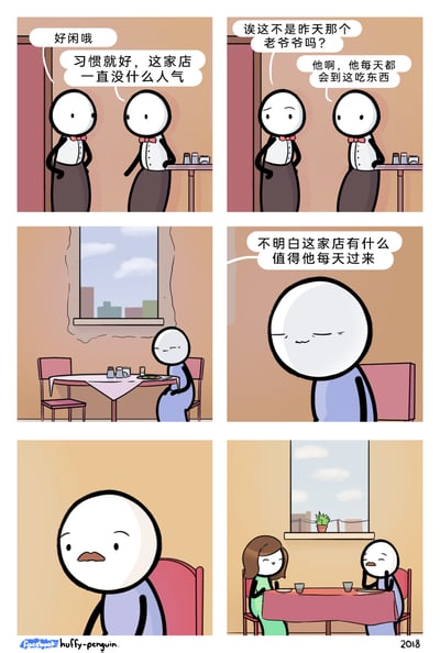 这是一组六格连环温情漫画，开篇是冷清餐厅里的两位服务员闲聊，年轻服务员感慨店里没什么人气，随后认出每天都来的老爷爷，疑惑这家冷清的餐厅有什么值得老爷爷天天光顾的。镜头转向独自坐在餐桌前的老爷爷，最后一格揭开谜底——老爷爷是在怀念曾经与老奶奶一同在这家餐厅用餐的温馨时光，用平淡的场景传递出动人的温情。