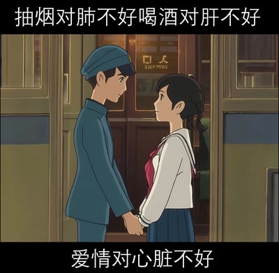 图片展示了一对动漫情侣，男孩身着蓝色制服，女孩穿着水手服，两人在一扇木门前牵手对视，神情温柔。图片上方配有文字“抽烟对肺不好喝酒对肝不好”，下方配有文字“爱情对心脏不好”，通过类比抽烟喝酒对器官的危害，调侃爱情对心脏的“不良影响”，形成幽默的反差效果。