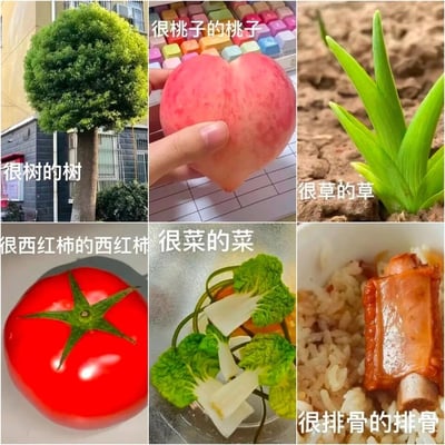 这是一张由六张图片拼接而成的趣味内容合集，每张图都搭配了“很XX的XX”的直白式文案，用无厘头的方式突出事物的典型特征：左上角是树冠造型规整如同刻意修剪成标准“树”形态的树木，配文“很树的树”；上中是被捏成心形的桃子，配文“很桃子的桃子”；右上是形态舒展自然的草，配文“很草的草”；左下是蒂部呈星状的西红柿，配文“很西红柿的西红柿”；中下是用白菜叶摆成创意造型的菜品，配文“很菜的菜”；右下是盖在米饭上的排骨，配文“很排骨的排骨”。整体用重复式的废话文学文案，结合具有标志性特征的事物，制造出轻松幽默的趣味感。