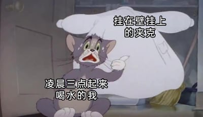 这是一张由经典动画《猫和老鼠》的截图改编的共鸣类梗图。图中汤姆猫坐在地上，双眼圆睁、嘴巴大张，额头挂着汗珠，满脸惊恐地指向身后的白色大物件，这个姿态完美还原了人在受到惊吓时的反应。网友为这个场景添加了精准的文字标注：将汤姆猫标注为“凌晨三点起来喝水的我”，将它身后的白色物件标注为“挂在壁挂上的夹克”，生动描绘了深夜迷迷糊糊起身喝水时，因视线不清、精神恍惚，把挂在墙上的夹克误看成恐怖事物，从而被吓得惊慌失措的日常经历，这种深夜惊魂的场景能引发很多人的强烈共鸣。