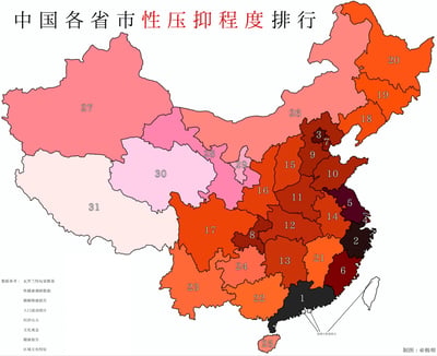 这是一张趣味数据可视化地图，标注了中国内地各省市的性压抑程度排行，数字越小代表性压抑程度越高：广东（1）、浙江（2）、北京（3）位列压抑程度前三，西藏（31）、青海（30）、四川（28）等地压抑程度相对最低。地图用颜色深浅区分程度，颜色越深对应数字越小、压抑程度越高。数据参考整合了瓦罗兰特玩家数量、性健康调研数据、婚姻情感报告、人口流动统计、经济压力、文化观念等多维度信息，港澳台地区标注数据缺失。