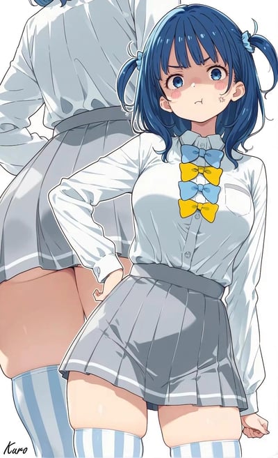 这是一张AI生成的二次元插画，画面主体是一位蓝发双马尾的JK少女，她穿着带有蓝黄相间多层领结的白色衬衫和灰色百褶裙，搭配蓝白条纹长袜，脸颊带着红晕，眉头微蹙、嘴巴撅起，脸颊还有小叉号的生气标识，一脸气鼓鼓的傲娇表情，一只手叉腰，姿态显得很是闹别扭。背景里还有一个同款穿搭的人物背影，整体画风清新软萌，少女的神态生动鲜活，完美呈现出小女生闹脾气的可爱模样。