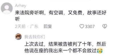 这是一张社交媒体评论区的截图，用户「Arhey」发布评论推荐大家去法院旁听，将其描述成“有空调、免费、故事好听”的轻松吃瓜好去处；另一位用户「我去找你们」则分享了自己的真实旁听经历：“上次去过，结果被告被判了十年，然后他说在座的我出来一个都不会放过”，还搭配了一个哭笑不得的表情。原本轻松的“吃瓜”推荐，突然变成了充满戏剧性的尴尬经历，强烈的反差感制造出了搞笑的效果。