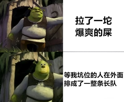 该梗图为上下两格拼接的图文混排内容。上半格是动画角色史莱克站在他的木屋门口，面带得意满足的表情，旁边配有文字“拉了一坨爆爽的屎”；下半格中史莱克表情转为惊讶，眼神看向一侧，旁边文字为“等我坑位的人在外面排成了一整条长队”。通过角色表情变化和幽默文字形成反差萌，营造出搞笑效果。