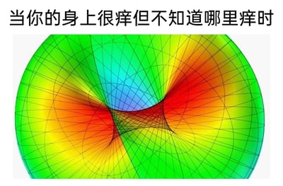 这是一张趣味梗图，上方配有文字“当你的身上很痒但不知道哪里痒时”，下方是一张带有扭曲交错网格和黄绿红渐变色彩的抽象视觉图案。图案的扭曲形态、交错的线条和集中的色块，精准地将“浑身发痒却找不到痒点”这种难以言说的烦躁、混乱的身体感受进行了视觉化呈现，让观者能瞬间共情这种日常里尴尬又好笑的小状况，用具象的画面传递抽象的体感，十分贴切生动。
