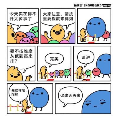 这是一幅由8格画面组成的连环卡通漫画，以拟人化的方式展现待办事项处理的场景：黄色卡通角色代表任务处理者，因为待办事项（彩色小卡通角色）太多而发愁，先是要求事项们按重要程度排序，结果体型最大的蓝色角色排在首位；之后他又提议按难度从低到高排列，排好队的小事项被蓝色角色依次放行，可轮到黄色角色自己时，蓝色角色却表示“先这样吧，抱歉”，最后直接让他“你改天再来”。漫画用幽默讽刺的手法，戳中了人们在处理任务时的拖延心态——总是先完成简单的小事，却把自己的核心正事不断拖延，最终导致正事被搁置的尴尬状况。