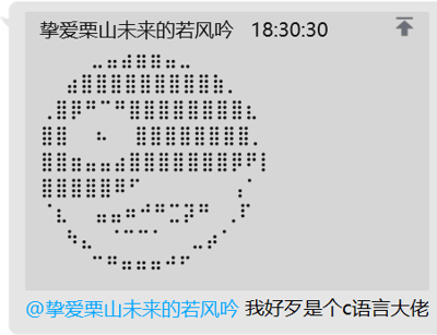 这是一张社交媒体聊天记录截图，用户“挚爱栗山未来的若风吟”在18:30:30发送了一幅由点阵组成的圆形字符画图案，图案模拟了类似人脸的形象；下方有其他用户回复该消息，内容为“@挚爱栗山未来的若风吟 我好歹是个c语言大佬”，通过自称C语言大佬来玩程序员相关的梗，暗示自己能理解这类字符画的创作逻辑，整体是朋友间带有调侃意味的日常互动。