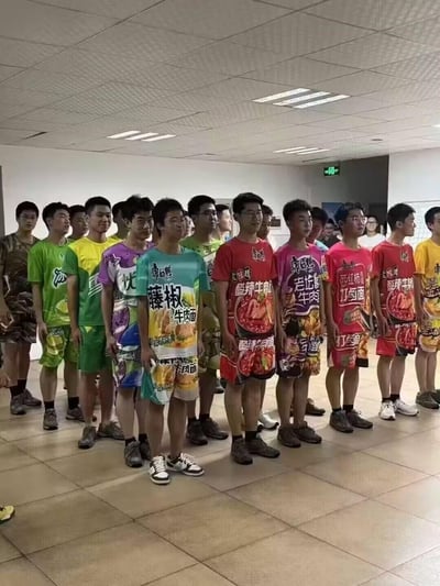 一群年轻男生穿着印有方便面包装图案的T恤和短裤整齐排队站立。T恤颜色多样，有绿色、黄色、紫色、蓝色、红色等，上面印有不同品牌和口味的方便面图案及文字，如"藤椒牛肉面"、"红烧牛肉面"等。他们站在一个室内空间，背景有白色墙壁和天花板灯，整体氛围轻松有趣。