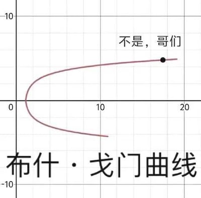 这是一张带有幽默元素的坐标图，图中包含一个二维坐标系，x轴范围大致为0到20，y轴范围为-10到10。坐标系内有一条红色曲线，起点接近原点(0,0)，先向下弯曲至负y轴区域，随后向上延伸，终点处有一个黑色圆点，旁边配有文字“不是，哥们”。图片底部有醒目的黑色大字标题“布什·戈门曲线”。整体风格模仿学术图表，通过无厘头的标题和配文制造喜剧效果，属于网络迷因中调侃“伪学术”内容的典型形式。