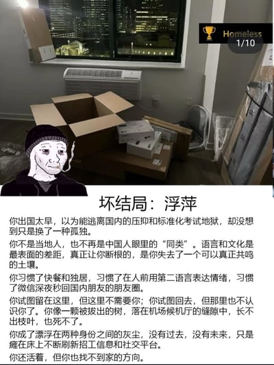 图片展示了一间海外出租公寓的夜景，房间中堆放着纸箱和简单家具，窗外是高楼大厦的夜景。画面下方配有大量文字，描述了留学生因身份认同迷失、文化隔阂、孤独感而陷入难以归属的浮萍状态。整体氛围现实且感伤，反映了许多海外青年真实的心理状态。图片右上角还加入了“Homeless 1/10”成就条，强化了漂泊无根的主题。
