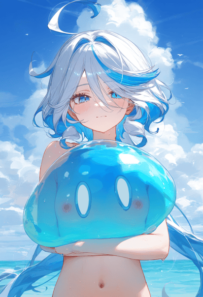 画面呈现游戏《原神》中的角色芙宁娜身处夏日海边，她有着标志性的蓝白渐变长发，脸颊泛起淡淡的红晕，肌肤带着水珠，双手环抱着《原神》中的水史莱姆并将其挡在身前。背景是澄澈的蓝天白云与蔚蓝海洋，整体画面充满夏日的清新感，同时角色的神态又带着一丝羞涩。