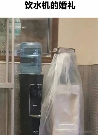 图片展示了两台饮水机的趣味场景：左侧是一台黑色饮水机，顶部放置着蓝色的桶装水；右侧饮水机则被一个白色塑料袋从头覆盖到机身，形似穿着婚纱的模样。图片上方配有文字“饮水机的婚礼”，通过拟人化的创意将普通的办公/生活物品赋予婚礼场景的幽默联想，营造出轻松搞笑的氛围。