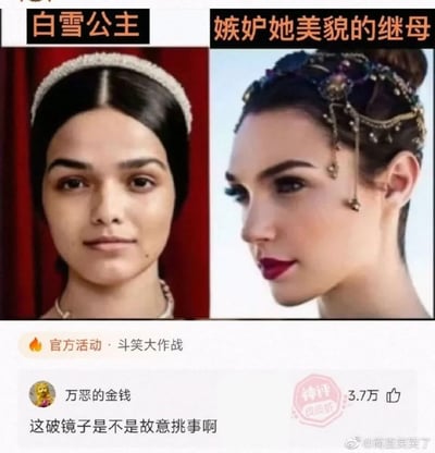 这张图用对比方式展示了经典故事《白雪公主》中“白雪公主”和“继母”的面对面场景，左右分别写着“白雪公主”和“嫉妒她美貌的继母”。下方是一条带有神评的配图评论：‘这破镜子是不是故意挑事啊’，营造出白雪公主和后妈对比中“镜子”故意制造矛盾的搞笑气氛。该图幽默地玩梗，暗指魔镜在童话中喜欢“搅浑水、添乱”。其中“挑事”有网络双关含义，既指现实生活中挑拨是非，也调侃了童话故事里的魔镜。图像有明显的表情包和评论截图水印，适合社交平台用来调侃、讽刺和玩梗。