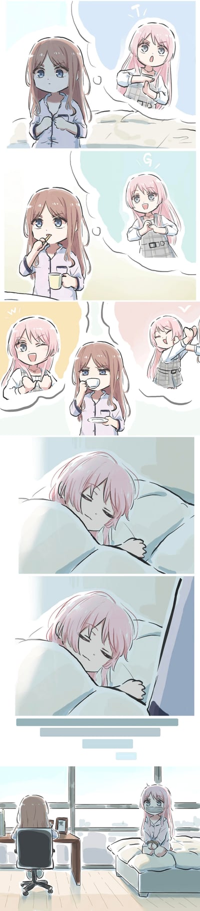 这是一组竖版连环漫画，通过多个分镜展现两个女孩的温馨日常。画面以柔和的色彩和细腻的笔触绘制，主要场景包括：棕发女孩沉思时脑海中浮现粉发女孩的身影，棕发女孩手持杯子进食并想着粉发女孩，粉发女孩开心的表情与棕发女孩的微笑形成呼应，粉发女孩在床上熟睡的慵懒姿态，以及最终棕发女孩在书桌前工作、粉发女孩坐于床上的场景。整体风格治愈，传递出轻松温暖的日常氛围。