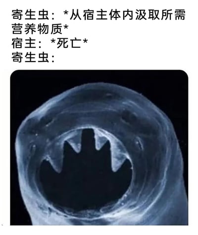 这是一张图文混排的搞笑梗图，采用文字对话加实拍图片的形式呈现内容：上方以简短对话展现寄生虫与宿主的互动，寄生虫表明自己从宿主体内汲取营养物质，随后宿主宣告死亡，最后用一张七鳃鳗的口器图片作为寄生虫的“回应”——该口器的牙齿排列形状恰好与蝙蝠侠的经典蝙蝠标志高度重合。创作者利用这一视觉相似性制造荒诞反差，将生物寄生的设定与蝙蝠侠IP结合，玩出视觉双关的搞笑效果，在调侃寄生关系的同时，借助知名IP提升内容的趣味性与传播度。