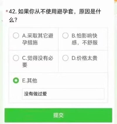 这是一张线上问卷的截图，内容为一道关于不使用避孕套原因的选择题，题目预设作答者有性生活经历，而作答者选择了「其他」选项，并填写了「没有做过爱」的回答，打破了题目的预设前提，产生了幽默效果，属于网络流传的趣味梗图。