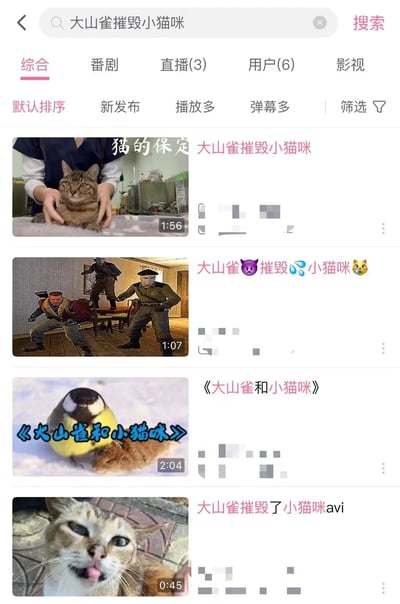 这是一张视频平台搜索结果页面的截图，搜索关键词为"大山雀摧毁小猫咪"。页面显示了多个相关视频结果，包括猫咪视频和游戏画面等不同类型的内容。每个视频结果都显示了缩略图、标题和时长信息。