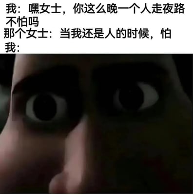 这是一张网络原创的搞笑惊悚类梗图，采用图文混排的形式，上方为三段对话内容：“我”主动搭话深夜独自走夜路的女士，询问她是否害怕，女士的回答“当我还是人的时候，怕”制造出强烈的反转，暗示该女士已不是人类；下方搭配一张卡通人物的脸部特写，仅露出极度放大的瞳孔和部分鼻子，人物眼神充满惊恐，生动表现出“我”听到回答后的极度震惊与恐惧，通过对话的惊悚反转和夸张的表情，营造出既搞笑又带有一丝惊悚的趣味效果，适合在社交平台上分享整活。