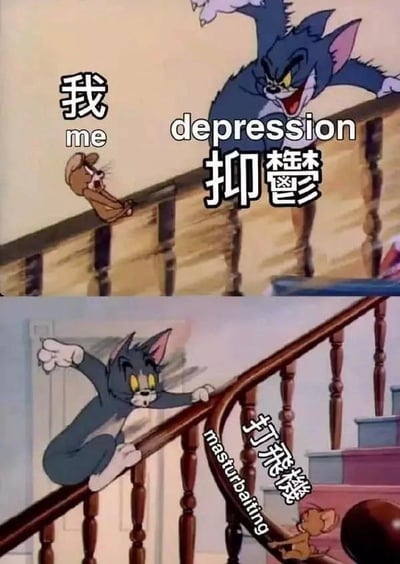 这是一张由《猫和老鼠》动画截图拼接而成的上下对比梗图，用搞笑的动画场景调侃情绪调节的话题：
1. 上图中，标注为「我 me」的杰瑞惊恐地抓着楼梯扶手，标注为「depression 抑郁」的汤姆张牙舞爪地在上方逼近，生动表现出普通人被抑郁情绪追赶的压迫感；
2. 下图中，汤姆抓着扶手身体前倾，标注为「打飞机 masturbaiting」的杰瑞顺着楼梯扶手滑下去，这里使用了谐音和低俗双关梗，暗示通过自慰的方式摆脱抑郁情绪的追赶，用戏谑的方式调侃缓解抑郁的另类途径。