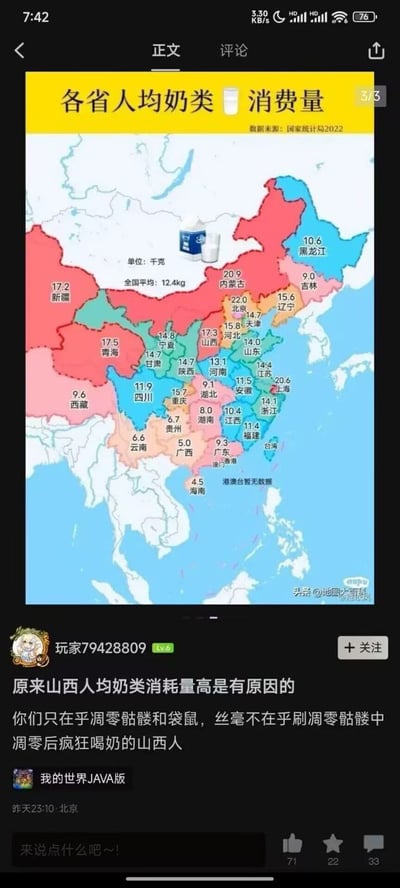 图片为社交媒体截图，上方是国家统计局2022年发布的中国各省人均奶类消费量彩色地图，标注了各省具体数值（单位：千克），全国平均为12.4kg，其中内蒙古（20.9kg）、新疆（17.2kg）、山西（17.3kg）等省份数值较高。地图下方是用户“玩家79428809”的评论，调侃山西人均奶类消费量高的原因与游戏《Minecraft》中玩家击败凋零骷髅后需喝牛奶解除负面效果的玩法相关，称“你们只在乎刷凋零骷髅和袋熊，丝毫不在乎刷凋零骷髅中凋零后疯狂喝奶的山西人”。整体内容结合官方数据与游戏梗，带有幽默调侃意味。