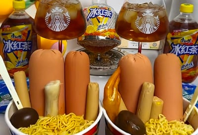 这是一张充满脑洞的创意摆拍搞笑图，用日常平价的康师傅冰红茶、干脆面、火腿肠、卤蛋等食材，模仿高端西餐的用餐配置进行摆盘：将冰红茶倒入星巴克高脚杯和醒酒器中，把泡面、不同尺寸的火腿肠、卤蛋等放进泡面桶里，伪装成精致的高端餐品，通过平价食材与高端餐具的强烈反差，制造出滑稽搞笑的效果。
没有双关、谐音梗或暗示内容，纯靠反差感带来笑点。