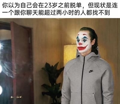 这是一张经过P图改编的网络自嘲梗图，画面主体是一位脸上画着2019版电影《小丑》中标志性笑脸妆容的人物，身着灰色耐克连帽拉链外套，安静站立在带有绿植和门的室内场景中。图片上方配有文字：“你以为自己会在23岁之前脱单，但现状是连一个跟你聊天能超过两小时的人都找不到”，将小丑落寞的神态与当代单身青年的情感困境相结合，以自嘲的方式展现了脱单幻想与孤独现实之间的巨大落差，戳中了不少年轻人的情感痛点。