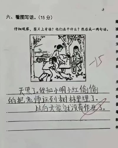 这是一张小学语文试卷的实拍图，展示了一道分值15分的看图写话题目，题目给出的插画内容是三名小学生在户外合力推装满落叶的手推车、打扫卫生的场景，要求学生观察后写一两句话。学生给出的作答内容十分荒诞，将打扫的场景脑补成偷偷把老师运到树林里埋掉、从此不用写作业的情节，老师直接给这道题打了-15分的判罚，整体内容反差强烈，十分搞笑。