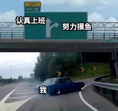 图片分为上下两部分。上半部分是绿色高速公路出口指示牌，顶部有黄色"LEFT"和绿色"EXIT 12"标识，牌面被添加中文文字：左侧箭头旁标注"认真上班"，右侧箭头旁标注"努力摸鱼"。下半部分是一辆蓝色汽车在道路上打滑失控的场景，车身上标注"我"。整体通过道路选择的视觉隐喻，幽默表现职场中在认真工作与摸鱼之间的纠结心态。