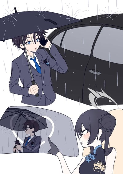 这是一幅上下分镜的二次元同人插画，描绘了雨天里的甜蜜互动：上半部分，身着西装、佩戴蓝色领带的男生撑着黑伞，站在汽车旁打电话，眼神带着惊讶；下半部分，坐在车内的旗袍女生脸颊泛红，正对着后视镜里的男生比出爱心手势，满是害羞的神态。画面充满了暧昧又温馨的氛围，是粉丝对游戏角色的CP向创作。