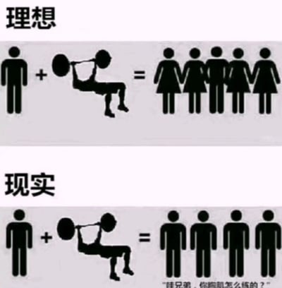 图片分为上下两部分，上半部分标题为“理想”，内容是一个男性图标+举重图标=包含女性和男性的人群图标；下半部分标题为“现实”，内容是相同的男性图标+举重图标=全男性人群图标，底部配有文字“哇兄弟，你腹肌怎么练的？”。通过简单的图标对比，幽默展现了健身者理想中通过锻炼吸引异性，现实中却只吸引同性关注的反差场景。