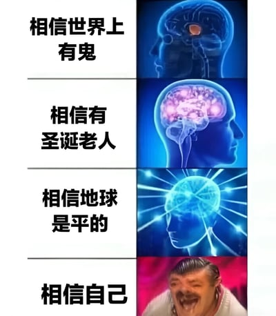 四格对比图展示不同信念下的脑活动，前三格分别为相信有鬼、相信圣诞老人、相信地球是平的，对应脑活动逐渐增强，最后一格相信自己则出现夸张大笑的人物表情，形成幽默反差。