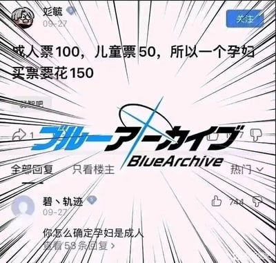 这是一张带有漫画风格放射状线条背景的社交媒体评论区截图，截图中展示了一段无厘头的对话。用户“奁毓”提出了一个不符合现实逻辑的观点：成人票价100，儿童票价50，因此孕妇需要购买成人票加儿童票，总共花费150元，其错误地将孕妇腹中的胎儿当作需要单独购票的个体。随后用户“碧丶轨迹”顺着这个荒谬逻辑，给出了更无厘头的回复：“你怎么确定孕妇是成人”，该回复以打破常规认知的角度回应楼主，制造出强烈的搞笑效果，这条回复获得了744个点赞，并且还有58条相关回复。截图中间位置添加了二次元手游《蔚蓝档案》（Blue Archive）的日文和英文标识，可能用于装饰或表明帖子所在的相关话题板块。