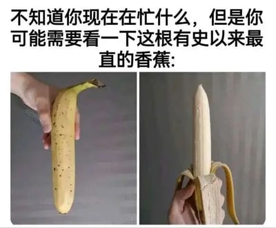图片上方配有文字“不知道你现在在忙什么，但是你可能需要看一下这根有史以来最直的香蕉：”，下方分为左右两张图。左侧图中一只手握着一根带少量黑斑的黄色未剥皮香蕉，右侧图中同一只手握着一根已剥皮的香蕉，该香蕉形状异常笔直，与常见弯曲香蕉形成鲜明对比，通过夸张的“最直”概念制造搞笑效果。