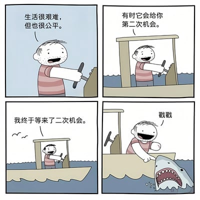 这是一幅四格漫画，讲述了一个关于生活和第二次机会的幽默故事。第一格中，一个穿着粉白条纹T恤的卡通男人握着方向盘说："生活很艰难，但也很公平。"第二格中，他在小船上继续说："有时它会给你第二次机会。"第三格中，他看起来很开心地说："我终于等来了二次机会。"第四格是转折点，男人伸手去戳一条露出锋利牙齿的鲨鱼，配文"戳戳"，形成了黑色幽默的效果。