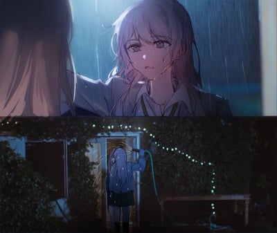 图片分为上下两部分。上半部分描绘了一个长发少女在雨中的场景，她的头发和衣服都被雨水打湿，脸上带着悲伤的表情，眼睛中含着泪水，背景是昏暗的雨天。下半部分则展示了同一个少女在夜晚的户外，她正拿着一根绿色的水管往自己头上浇水，周围有装饰性的小灯串和茂密的植物，营造出一种忧郁的氛围。