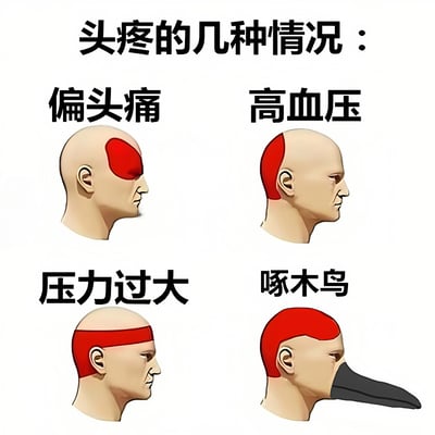 这是一张幽默风格的图文混排图片，标题为“头疼的几种情况：”，下方分四格展示不同类型头疼的示意图。左上角“偏头痛”对应头部左侧红色区域；右上角“高血压”对应头部后侧红色区域；左下角“压力过大”对应额头一圈红色带状区域；右下角“啄木鸟”则用夸张的黑色啄木鸟喙附着在头部前方，形成搞笑对比。整体用简洁的插画风格和红色高亮直观表现不同头疼类型，兼具科普性与娱乐性。