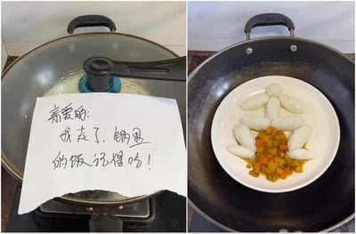 这张图分为两部分，左侧显示一口锅，锅盖上压着一张写有“亲爱的：我走了，锅里的饭记得吃！”的便签；右侧则展示锅里实际的饭菜，米饭被捏成人形平躺在盘子中央，身下还有一些配菜。图片利用米饭人形的巧妙摆盘和便签内容相互呼应，形成幽默、温馨又略带敷衍的日常沙雕搞笑氛围。有“锅里有人”这种双关语（本意是饭，展现出来却像人在锅里）。图片氛围轻松，无实际负面含义。